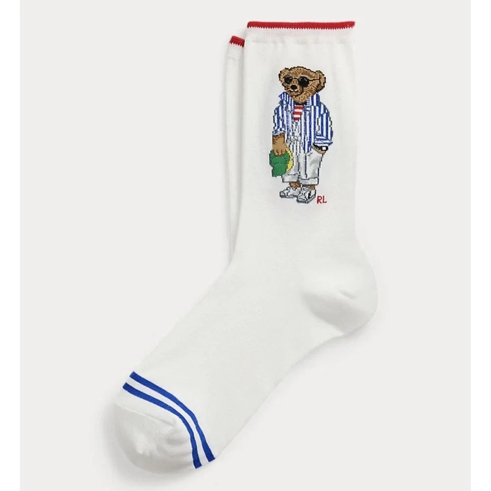Polo‎ Ralph Lauren Women's Polo Bear Crew Socks Striped Bear White SZ 9-11 NWT